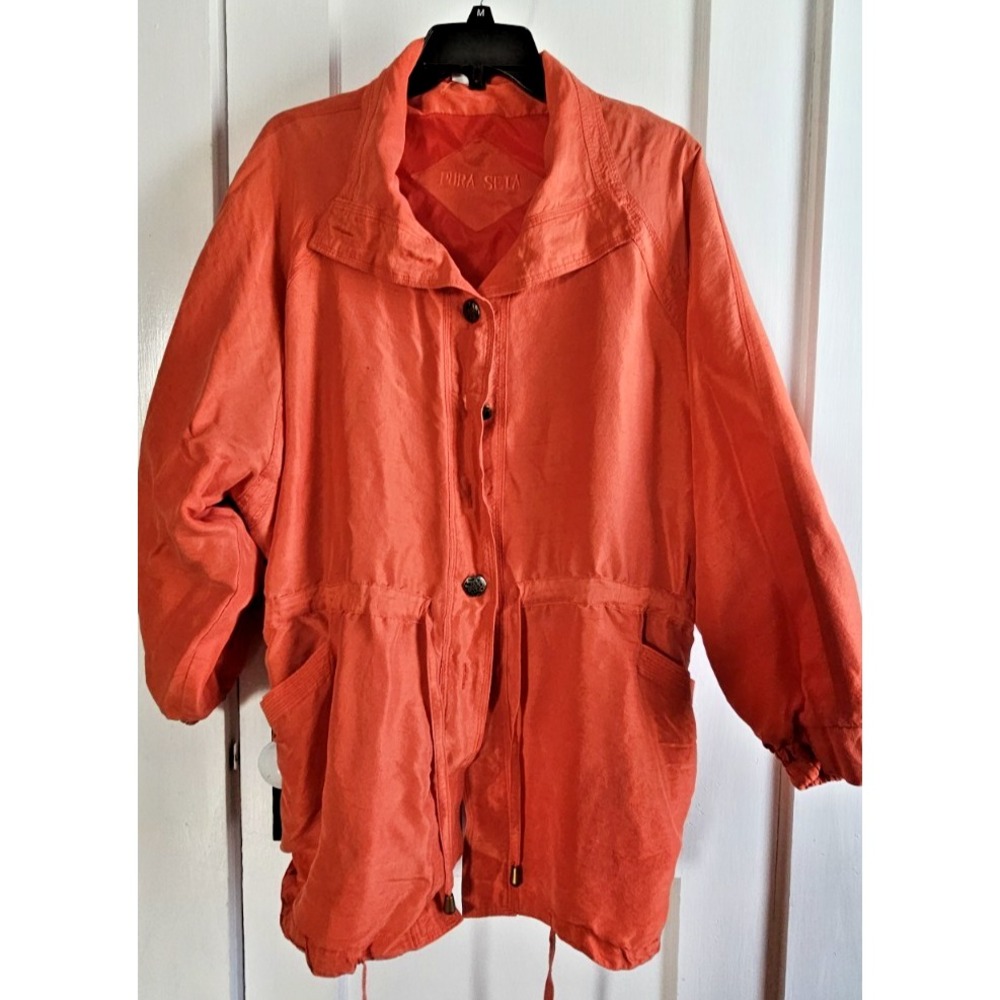 PURA SETA 100% silk orange lined mock neck button zip up cinched waist jacket M